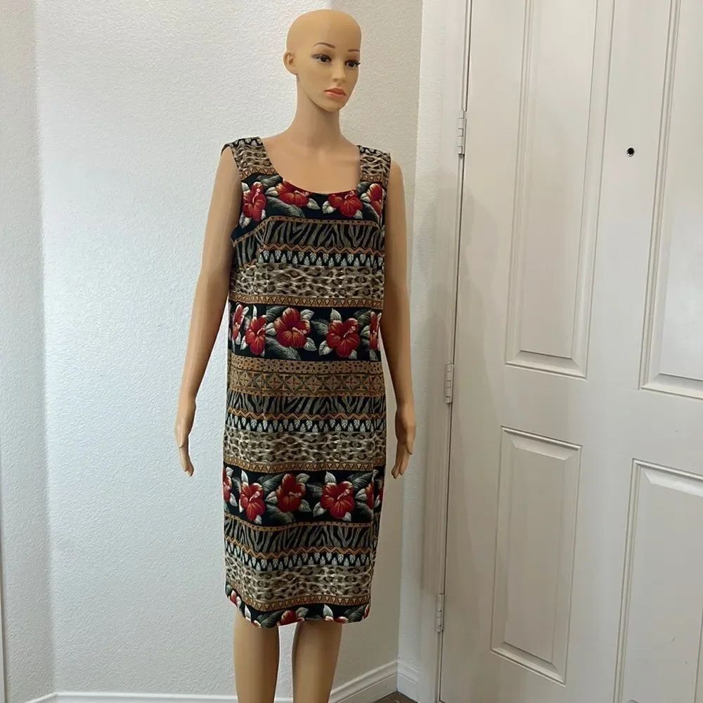 Kathie Lee Collection Dress Sz 16 Scoop Neck Sleeveless Floral Midi 💯 Polyester